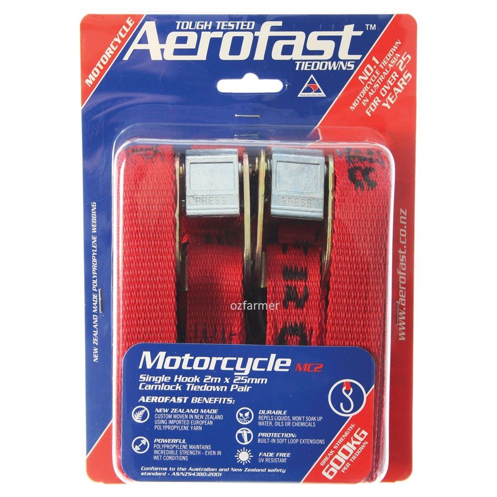 Motorcycle 25mm x 2m Camlock Tiedown Aerofast 600kg break strength Twin Pack