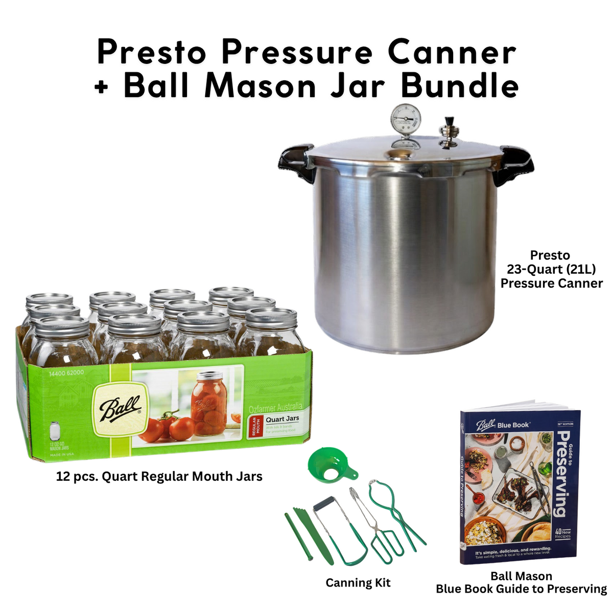 Presto 23-Quart Induction Stovetop Pressure Canner with Dial Gauge & 3-Piece Regulator — Stainless Steel Base bundle with Ball Mason Jars