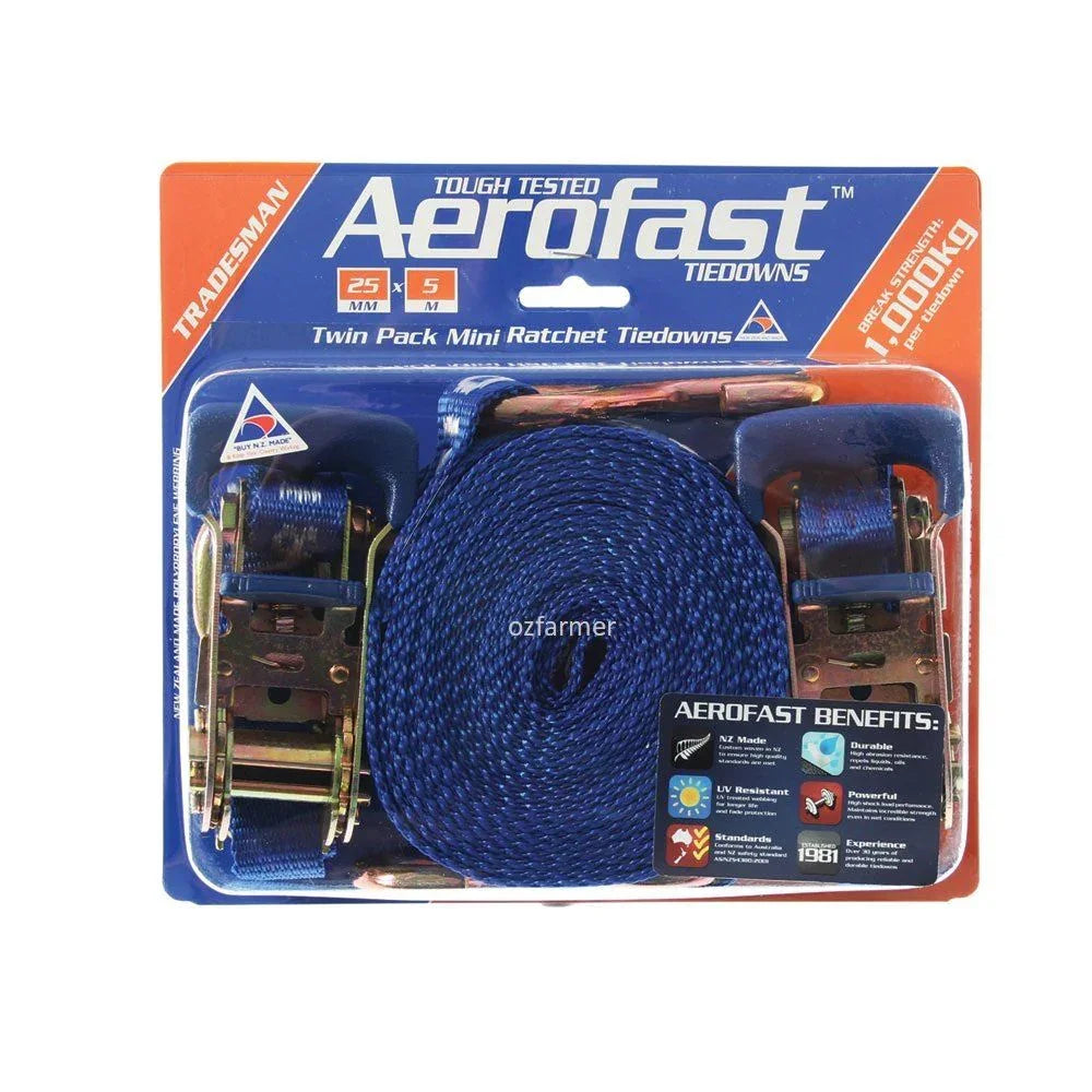 1,000kg break strength 25mm x 5m Ratchet Tiedown Twin Pack Aerofast