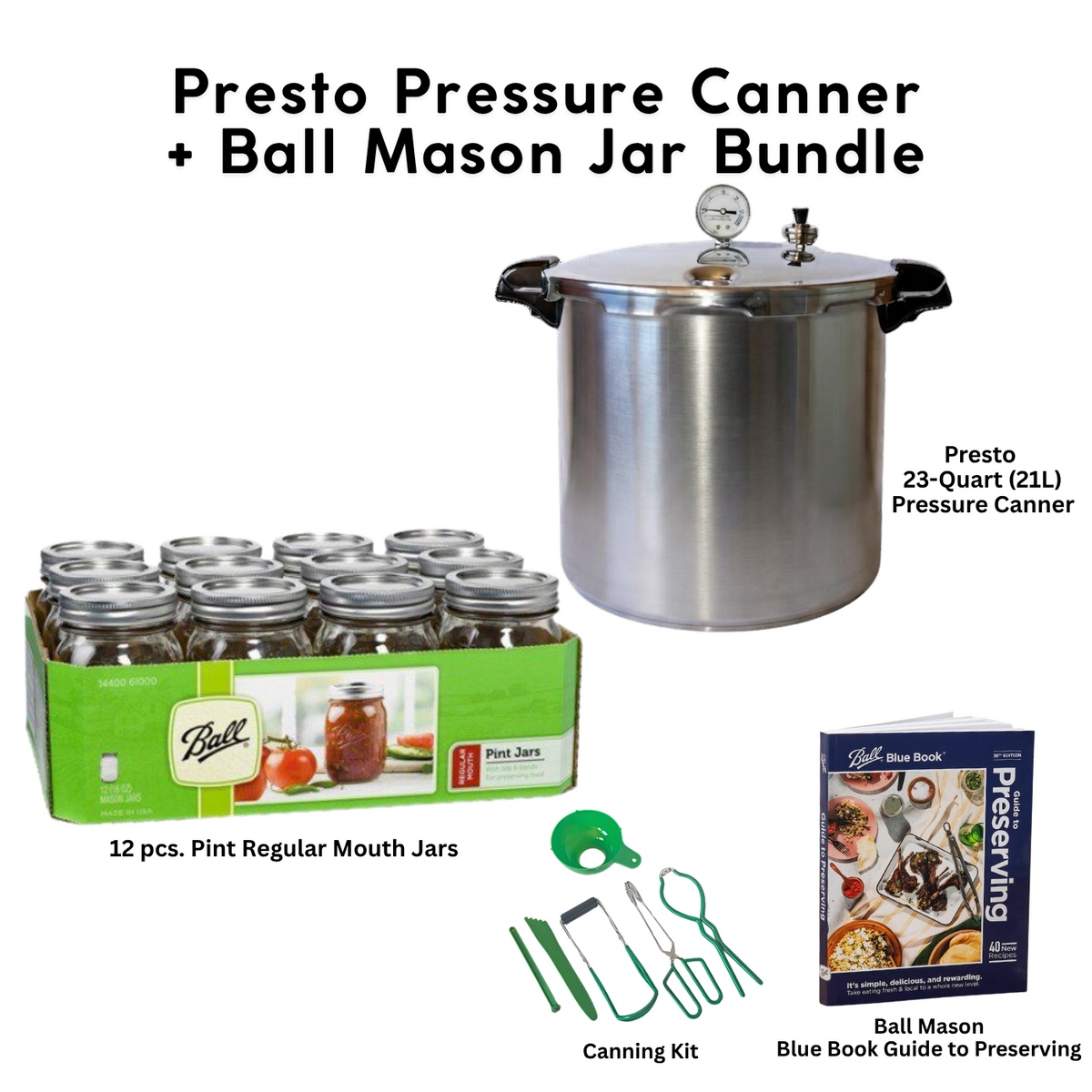 Presto 23-Quart Induction Stovetop Pressure Canner with Dial Gauge & 3-Piece Regulator — Stainless Steel Base bundle with Ball Mason Jars