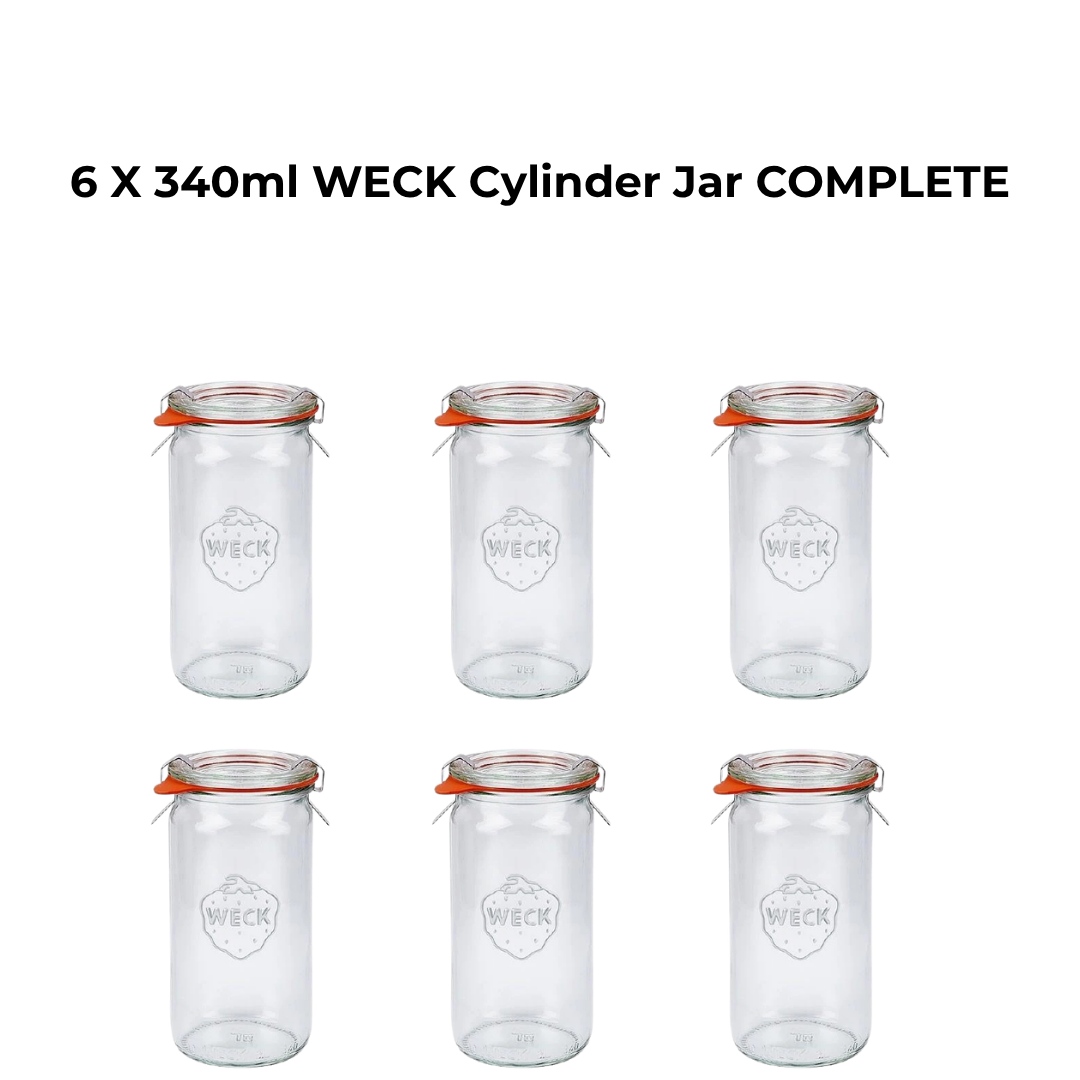 6 X 340ml WECK Cylinder Jar COMPLETE