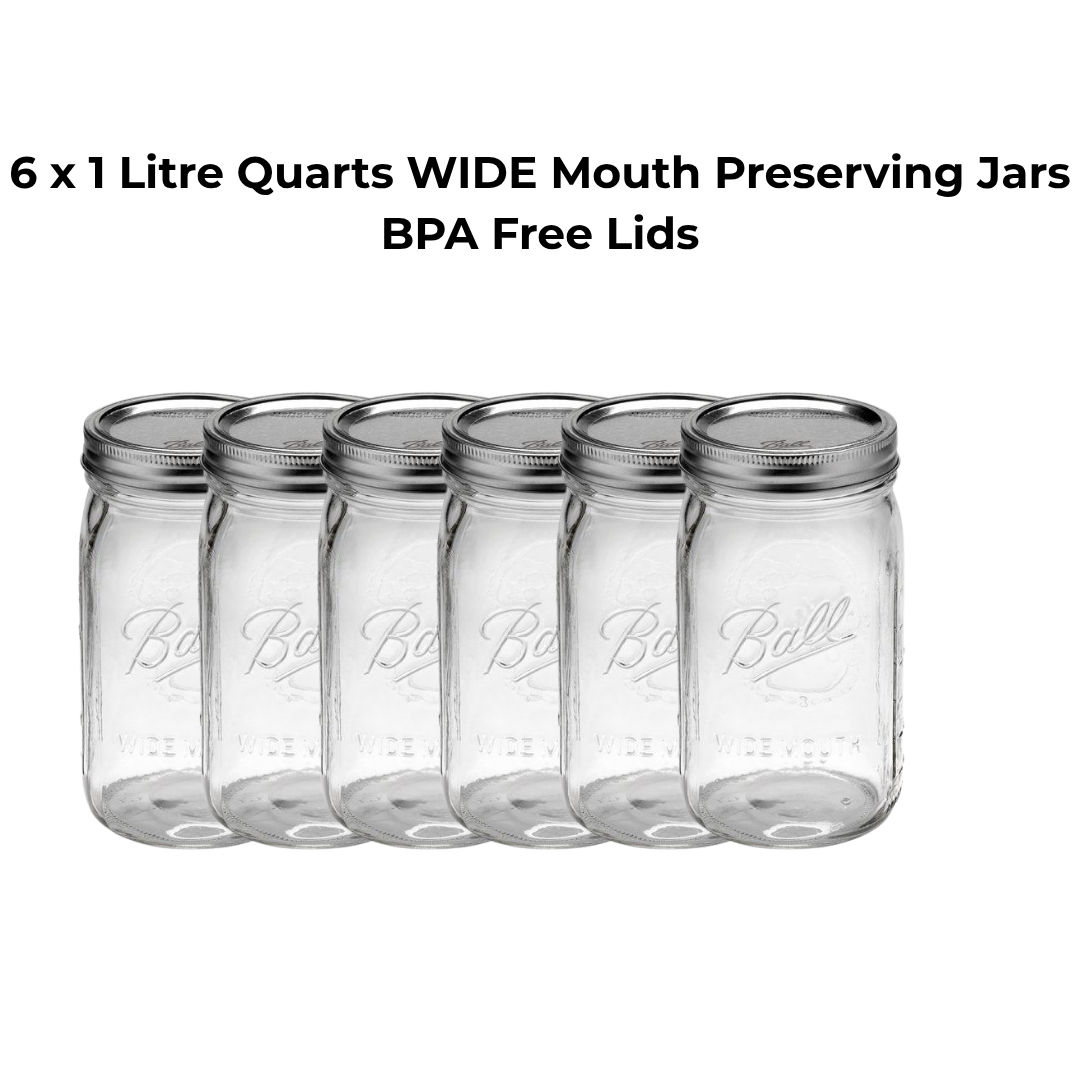 6 x 1 Litre Quarts WIDE Mouth Preserving Jars BPA Free Lids