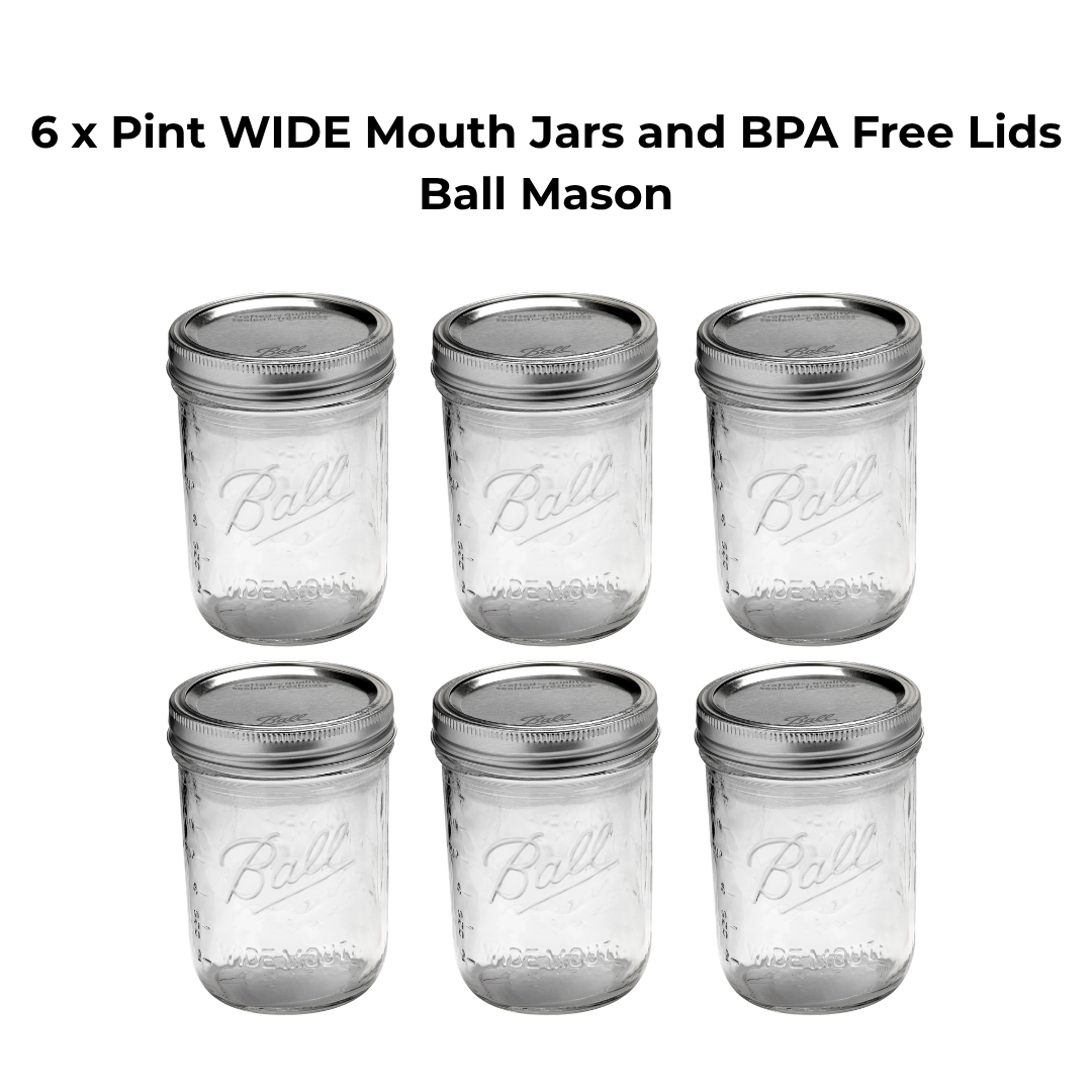 6 x Pint WIDE Mouth Jars and BPA Free Lids Ball Mason