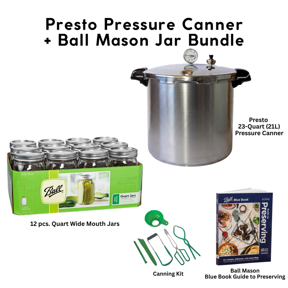 Presto 23-Quart Induction Stovetop Pressure Canner with Dial Gauge & 3-Piece Regulator — Stainless Steel Base bundle with Ball Mason Jars